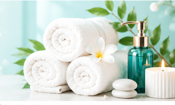 Spa towels, flower and beauty oil at Rina Beauty Spa